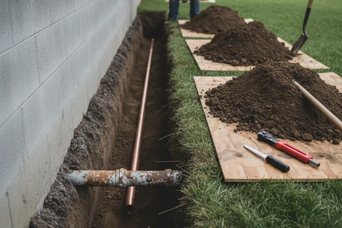 Excavated water line trench during Water Heater Repair in Ramah